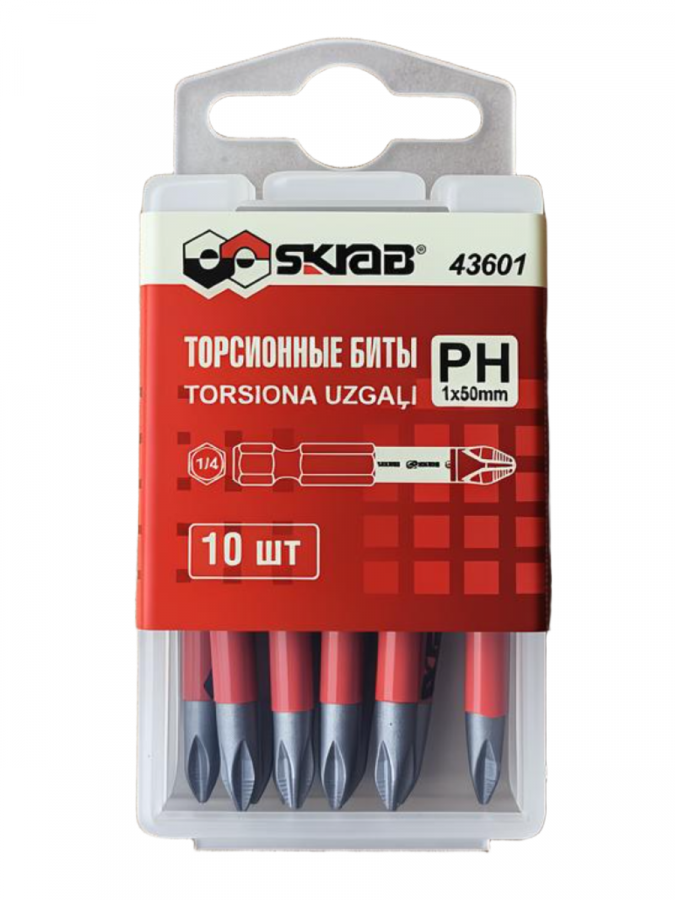 Биты PH1 x 50 мм набор 10 шт ТОРСИОННЫЕ красные SKRAB 43601