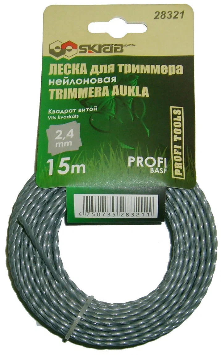 Леска для триммера 2,4 мм x 15 м витая СЕРАЯ ПРОФИ SKRAB 28321